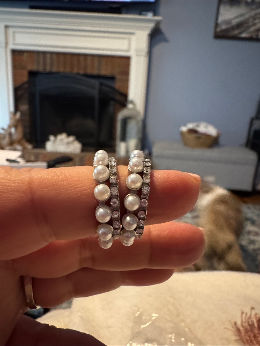 Pearl and Crystal Double Row Hoop Earrings - White Pearls